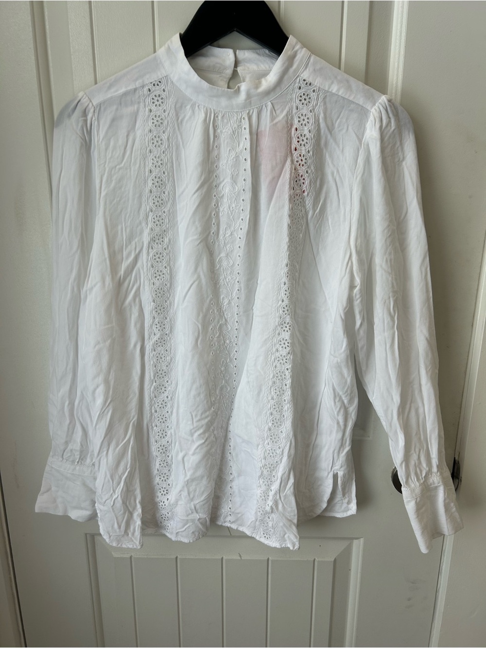 LOFT White Eyelet Lace-Trim High-Neck Blouse